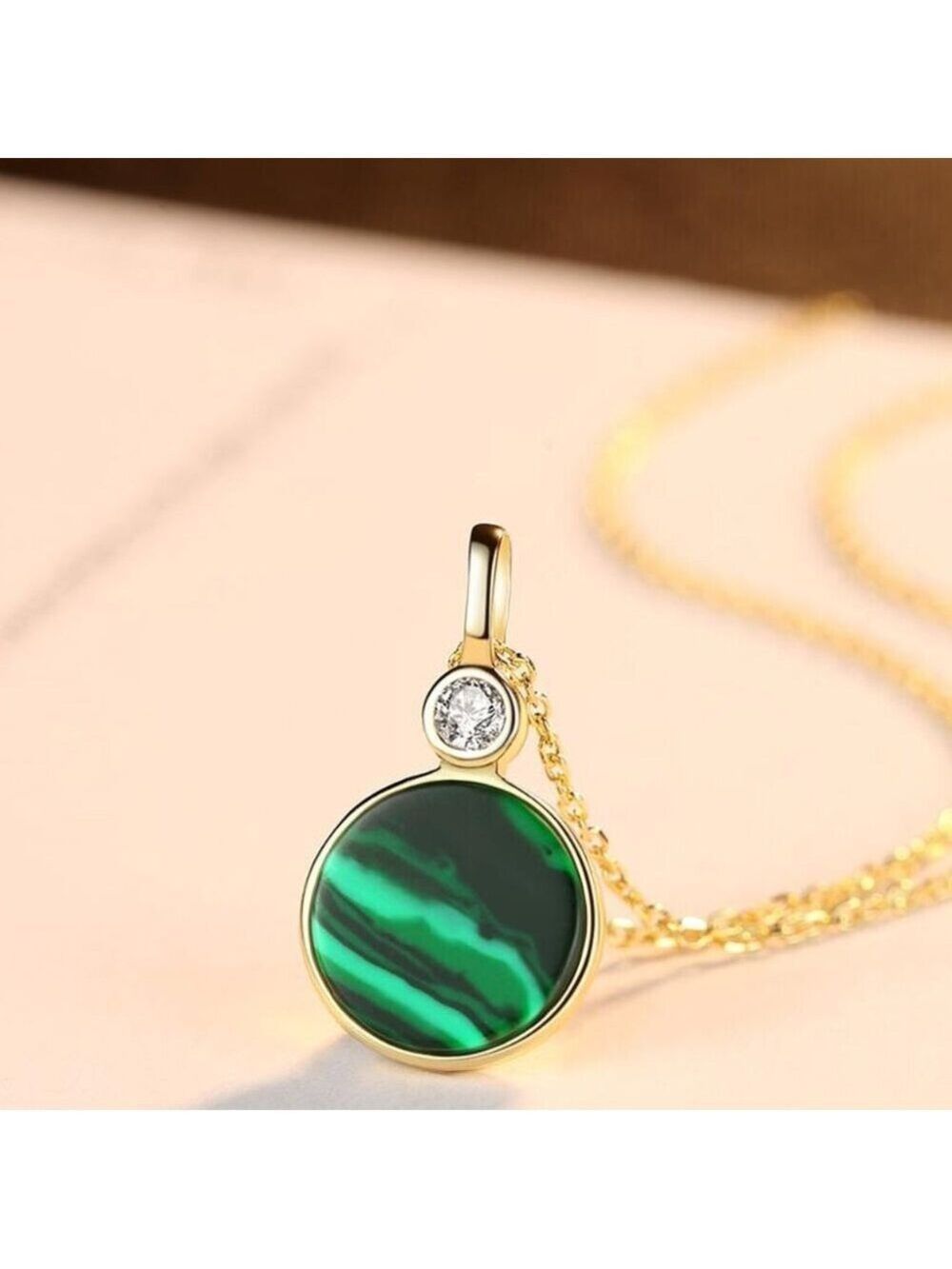 18KY Gold Plated over Sterling Silver Malachite and CZ Necklace - Picture 4 of 6